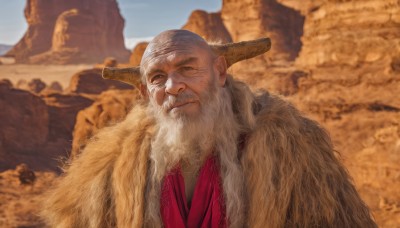 solo,long hair,looking at viewer,1boy,closed mouth,upper body,white hair,male focus,outdoors,sky,day,signature,blurry,fur trim,blurry background,facial hair,beard,realistic,old,old man,desert,hat,grey hair,blue sky,portrait,rock,bald