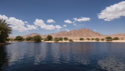 outdoors,sky,day,cloud,water,tree,blue sky,no humans,ocean,beach,cloudy sky,nature,scenery,forest,reflection,mountain,horizon,landscape,mountainous horizon,lake,shore,reflective water,island,sand,palm tree