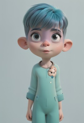 1girl,solo,looking at viewer,short hair,simple background,shirt,1boy,blue hair,standing,male focus,cowboy shot,pants,grey background,black eyes,child,clenched hands,personification,freckles,male child,humanization,blue eyes,pointy ears,realistic,overalls