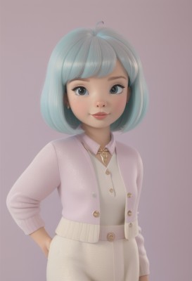 1girl,solo,looking at viewer,smile,short hair,bangs,blue eyes,skirt,simple background,shirt,long sleeves,dress,jewelry,closed mouth,blue hair,jacket,cowboy shot,earrings,open clothes,belt,pants,necklace,black eyes,lips,hand on hip,grey eyes,eyelashes,aqua hair,makeup,buttons,bob cut,cardigan,purple background,hand in pocket,pink jacket,blush,artist name,grey background,white skirt,realistic