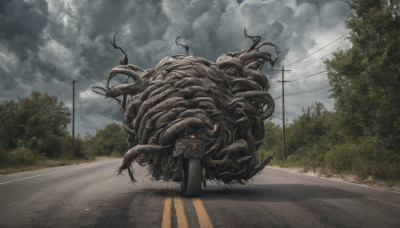 outdoors, sky, cloud, tree, no humans, cloudy sky, ground vehicle, scenery, motor vehicle, tentacles, monster, road, power lines, street, utility pole, horror (theme), crosswalk, eldritch abomination