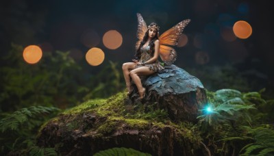 1girl,solo,long hair,breasts,brown hair,black hair,hair ornament,cleavage,bare shoulders,jewelry,medium breasts,sitting,flower,outdoors,wings,barefoot,pointy ears,blurry,lips,bare legs,night,depth of field,grass,plant,nature,scenery,forest,rock,realistic,fairy wings,fairy,bokeh,butterfly wings,moss,sitting on rock,skirt,dress,shoes,hair flower,high heels,leaf,fantasy