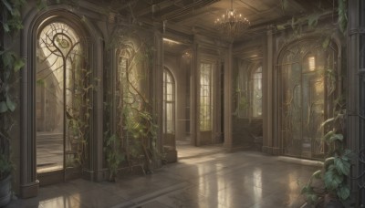 day,indoors,no humans,window,sunlight,plant,scenery,light rays,stairs,door,tiles,potted plant,light,tile floor,vines,pillar,arch,overgrown,shadow,wooden floor,candle,architecture,reflective floor,chandelier,column