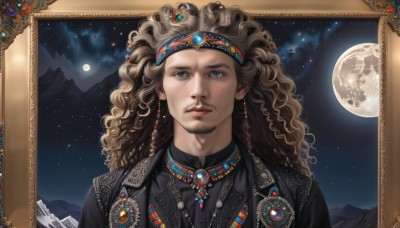 solo,long hair,looking at viewer,blue eyes,brown hair,shirt,1boy,jewelry,closed mouth,upper body,male focus,earrings,sky,cloud,necklace,lips,black shirt,night,headband,facial hair,wavy hair,moon,gem,portrait,star (sky),night sky,beard,full moon,starry sky,curly hair,mountain,realistic,picture frame,painting (object),outdoors