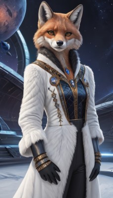 1girl,solo,breasts,looking at viewer,gloves,long sleeves,animal ears,brown eyes,jewelry,medium breasts,standing,yellow eyes,cowboy shot,outdoors,open clothes,sky,black gloves,pants,artist name,signature,bracelet,coat,orange eyes,fur trim,night,animal,black pants,moon,brooch,gem,star (sky),night sky,furry,full moon,starry sky,fur collar,open coat,furry female,arms at sides,white coat,space,body fur,white fur,fur-trimmed coat,planet,animal nose,earth (planet),blue gemstone,red gemstone,black fur,orange fur,closed mouth