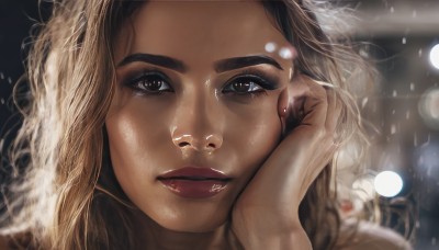 1girl,solo,long hair,looking at viewer,blonde hair,brown hair,brown eyes,parted lips,dark skin,blurry,dark-skinned female,lips,eyelashes,makeup,depth of field,blurry background,thick eyebrows,lipstick,portrait,close-up,hand on own face,freckles,head rest,realistic,nose,red lips,bokeh,rain