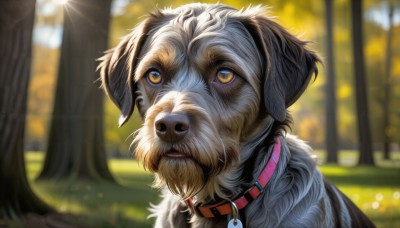 HQ,solo,closed mouth,yellow eyes,outdoors,day,blurry,collar,tree,no humans,depth of field,blurry background,animal,sunlight,looking up,portrait,dog,realistic,animal focus,animal collar,looking at viewer,nature,forest,red collar