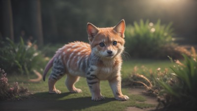 HQ,solo,looking at viewer,blue eyes,standing,full body,outdoors,day,blurry,no humans,depth of field,blurry background,animal,sunlight,cat,grass,plant,nature,realistic,animal focus,flower,bush