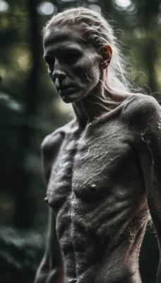 solo,1boy,navel,closed mouth,nipples,upper body,white hair,male focus,nude,blurry,blurry background,realistic,collarbone,depth of field,facial hair,shaded face,chest hair,old man,bodypaint