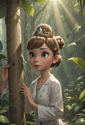 1girl,solo,blush,short hair,open mouth,brown hair,shirt,hair ornament,long sleeves,brown eyes,jewelry,upper body,earrings,outdoors,parted lips,teeth,solo focus,day,hair bun,tree,lips,leaf,sunlight,single hair bun,tiara,crown,plant,child,nature,forest,freckles,light rays,labcoat,stud earrings,sunbeam,vines,bangs,watermark,gem,web address,green shirt