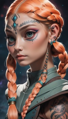 1girl,solo,long hair,looking at viewer,blue eyes,jewelry,closed mouth,green eyes,upper body,braid,earrings,artist name,orange hair,armor,twin braids,aqua eyes,lips,eyelashes,tattoo,makeup,facial mark,piercing,ear piercing,portrait,eyeshadow,freckles,forehead mark,nose,eyeliner,mascara,neck tattoo,multiple braids,blonde hair,hair ornament,forehead