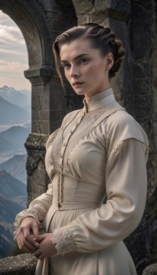 1girl,solo,breasts,looking at viewer,short hair,blue eyes,brown hair,black hair,long sleeves,dress,brown eyes,medium breasts,closed mouth,standing,braid,cowboy shot,outdoors,sky,day,puffy sleeves,white dress,lips,own hands together,mountain,realistic,upper body,parted lips,lace