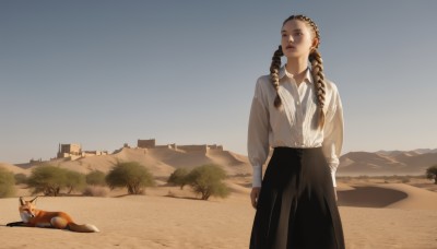 1girl,solo,long hair,skirt,brown hair,shirt,black hair,long sleeves,twintails,brown eyes,jewelry,closed mouth,standing,white shirt,braid,cowboy shot,outdoors,sky,day,collared shirt,black skirt,twin braids,tree,blue sky,lips,animal,building,scenery,dog,long skirt,realistic,nose,arms at sides,desert,blonde hair,parted lips,looking to the side,dress shirt,shadow,looking away,drill hair,lipstick,black nails,twin drills,forehead,sand,shirt tucked in,looking afar