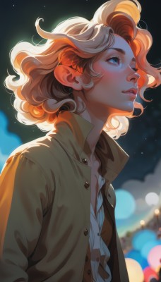 1girl,solo,short hair,blue eyes,blonde hair,shirt,1boy,jacket,white shirt,upper body,male focus,outdoors,parted lips,open clothes,sky,collared shirt,medium hair,blurry,lips,eyelashes,night,buttons,depth of field,blurry background,looking away,thick eyebrows,looking up,night sky,curly hair,nose,unbuttoned,bokeh,blush,brown hair,multicolored hair,orange hair,from side,watermark,backlighting,brown jacket,looking afar