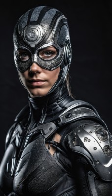 1girl,solo,breasts,looking at viewer,simple background,brown eyes,closed mouth,upper body,armor,black eyes,lips,bodysuit,mask,helmet,black background,science fiction,breastplate,realistic,nose,shoulder pads,alien