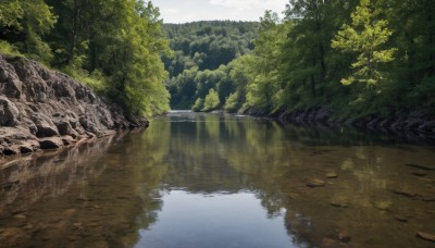 outdoors,sky,day,water,tree,no humans,sunlight,grass,nature,scenery,forest,reflection,rock,river,landscape,lake,reflective water,cloud,blue sky