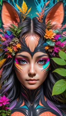 1girl,solo,long hair,breasts,looking at viewer,blue eyes,black hair,hair ornament,animal ears,closed mouth,flower,multicolored hair,artist name,hair flower,dark skin,black eyes,dark-skinned female,lips,grey eyes,eyelashes,makeup,leaf,watermark,facial mark,plant,lipstick,portrait,close-up,eyeshadow,nose,eyeliner,orange flower,mascara,web address,coral