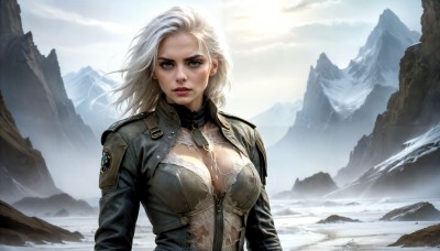 HQ,1girl,solo,long hair,breasts,looking at viewer,blue eyes,large breasts,cleavage,medium breasts,jacket,upper body,white hair,outdoors,parted lips,open clothes,sky,day,artist name,cloud,medium hair,uniform,lips,bodysuit,makeup,sunlight,cloudy sky,lipstick,snow,mountain,realistic,blonde hair,jewelry,earrings,bra,mole,wind,eyeshadow,leather