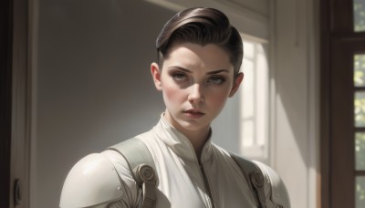 1girl,solo,looking at viewer,short hair,brown hair,black hair,brown eyes,closed mouth,upper body,indoors,armor,blurry,lips,grey eyes,window,blurry background,shoulder armor,portrait,science fiction,realistic,nose,very short hair,cyborg,expressionless,sunlight,serious,undercut