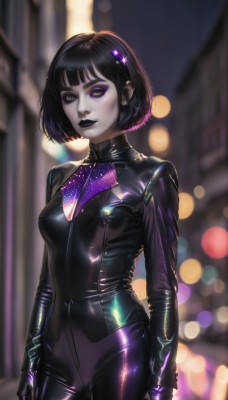 1girl,solo,breasts,looking at viewer,short hair,bangs,black hair,hair ornament,gloves,long sleeves,jewelry,medium breasts,standing,purple eyes,multicolored hair,cowboy shot,outdoors,black gloves,shiny,artist name,blunt bangs,blurry,two-tone hair,lips,bodysuit,makeup,depth of field,blurry background,piercing,bob cut,lipstick,skin tight,eyeshadow,zipper,shiny clothes,realistic,nose,arms at sides,black bodysuit,eyeliner,latex,purple lips,mascara,black lips,latex bodysuit,closed mouth,earrings,hairclip,signature,eyelashes,night,colored skin,watermark,thick eyebrows,building,pale skin,black nails,city