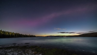 outdoors,sky,cloud,water,tree,no humans,night,grass,star (sky),nature,night sky,scenery,forest,starry sky,reflection,sunset,horizon,river,landscape,lake,ocean,mountain,shore