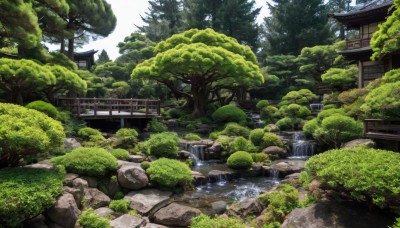 outdoors,day,water,tree,no humans,grass,building,nature,scenery,forest,rock,architecture,bridge,east asian architecture,river,waterfall,shrine,moss,real world location,sky,plant,bush,house,pond,stream