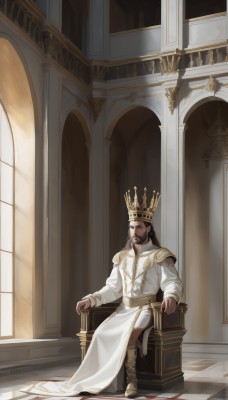 solo,long hair,brown hair,black hair,long sleeves,1boy,sitting,closed mouth,full body,male focus,boots,indoors,armor,black eyes,window,facial hair,chair,crown,shoulder armor,beard,pauldrons,robe,mustache,pillar,throne,white robe,looking at viewer,column