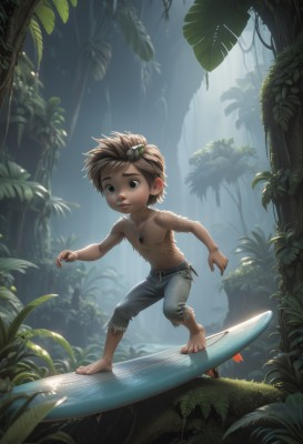 solo,brown hair,1boy,navel,brown eyes,jewelry,standing,full body,male focus,outdoors,shorts,barefoot,day,belt,pants,necklace,tree,leaf,sunlight,plant,denim,child,nature,forest,topless male,jeans,male child,mushroom,short hair,hair ornament,artist name,torn clothes,abs,pectorals,pendant,realistic,fantasy,dirty,torn pants,surfboard