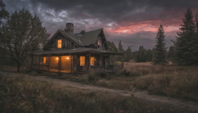 outdoors,sky,cloud,tree,no humans,window,cloudy sky,grass,building,nature,scenery,forest,sunset,door,road,bush,house,evening,path,chimney,field,bare tree,pine tree