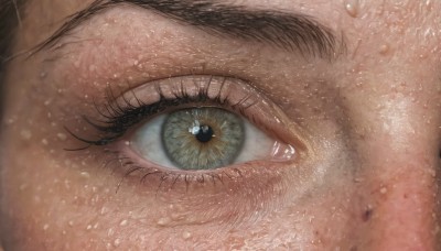 1girl,solo,looking at viewer,black hair,1boy,green eyes,male focus,blurry,eyelashes,close-up,1other,reflection,realistic,eye focus,multiple boys,2boys,light particles,freckles,water drop