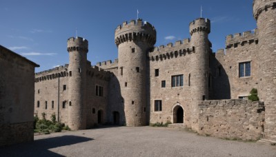 outdoors,sky,day,cloud,tree,blue sky,no humans,window,shadow,building,scenery,road,grass,bush,architecture,castle,tower,arch