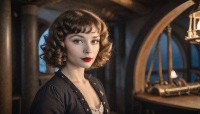 1girl,solo,breasts,looking at viewer,smile,short hair,bangs,brown hair,cleavage,brown eyes,closed mouth,collarbone,jacket,upper body,small breasts,open clothes,indoors,mole,blurry,lips,black jacket,eyelashes,window,makeup,depth of field,blurry background,lipstick,curly hair,lantern,red lips,dress,parody