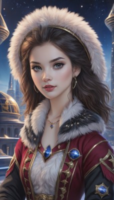 1girl,solo,long hair,breasts,looking at viewer,brown hair,black hair,long sleeves,hat,jewelry,collarbone,upper body,earrings,outdoors,parted lips,sky,artist name,necklace,black eyes,lips,coat,grey eyes,fur trim,eyelashes,makeup,night,gem,star (sky),night sky,pendant,starry sky,freckles,gold trim,hoop earrings,snowing,nose,red lips,cleavage,jacket,open clothes,hood,wavy hair,red jacket,forehead,realistic