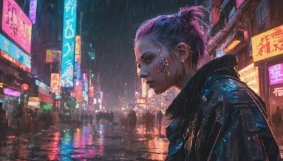 1girl, solo, short hair, jewelry, jacket, upper body, purple hair, earrings, outdoors, from side, lips, profile, night, piercing, science fiction, rain, city, sign, realistic, nose, city lights, cyberpunk, neon lights