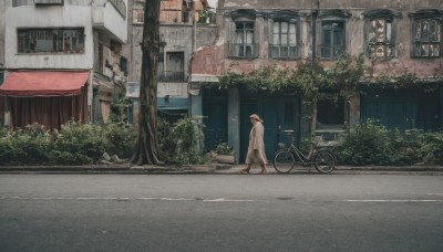 1girl,solo,brown hair,long sleeves,hat,standing,outdoors,shoes,tree,coat,window,plant,ground vehicle,building,scenery,motor vehicle,city,sign,car,road,bush,house,wide shot,street,bicycle,dress,day,hood,from side,door,potted plant,air conditioner,bicycle basket