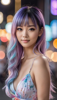 1girl,solo,long hair,breasts,looking at viewer,smile,bangs,dress,cleavage,bare shoulders,brown eyes,jewelry,medium breasts,closed mouth,blue hair,swimsuit,upper body,purple hair,bikini,multicolored hair,earrings,blurry,two-tone hair,lips,gradient hair,depth of field,blurry background,watermark,realistic,nose,bokeh,sleeveless,artist name,signature,spaghetti strap