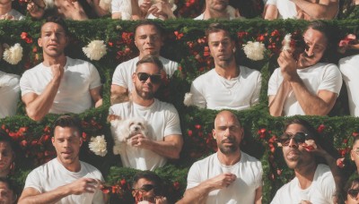 looking at viewer,shirt,1boy,holding,white shirt,upper body,flower,short sleeves,male focus,multiple boys,multiple views,facial hair,sunglasses,t-shirt,beard,6+boys,meme,realistic,mustache,holding flower,bald,manly,arm hair,reference inset,smile,short hair,open mouth,brown hair,black hair,closed mouth,closed eyes,food,teeth,dark skin,muscular,muscular male,clenched teeth,red flower,very short hair,expressions,collage