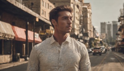 solo,short hair,brown hair,shirt,1boy,closed mouth,white shirt,upper body,male focus,outdoors,collared shirt,blurry,looking to the side,blurry background,facial hair,ground vehicle,building,motor vehicle,city,realistic,stubble,car,road,street,photo background,real world location,black hair,long sleeves,brown eyes,day,dress shirt,depth of field,looking away