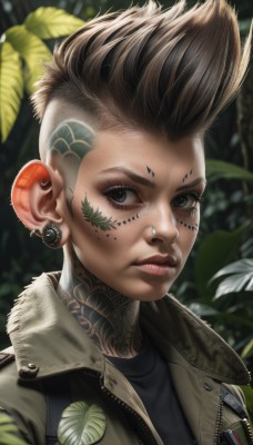 1girl,solo,looking at viewer,short hair,brown hair,shirt,black hair,jewelry,jacket,upper body,male focus,earrings,parted lips,artist name,blurry,black eyes,lips,grey eyes,fur trim,black shirt,eyelashes,tattoo,blurry background,leaf,facial mark,piercing,plant,spiked hair,ear piercing,portrait,realistic,nose,facepaint,very short hair,undercut,facial tattoo,badge,mohawk,neck tattoo,eyebrow piercing,1boy,vest,open jacket,zipper,freckles,brown jacket,leather,leather jacket