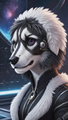 solo,looking at viewer,smile,short hair,black hair,1boy,jewelry,purple eyes,jacket,upper body,male focus,artist name,signature,fur trim,headphones,watermark,star (sky),web address,furry,zipper,furry female,space,furry male,body fur,leather,white fur,planet,animal nose,snout,black fur,1girl,hood,animal,hooded jacket,hood up,fur