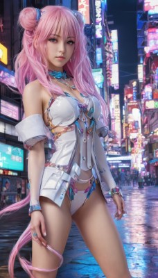 1girl,solo,long hair,breasts,looking at viewer,bangs,blue eyes,navel,bare shoulders,jewelry,medium breasts,underwear,green eyes,standing,panties,pink hair,earrings,outdoors,detached sleeves,necklace,hair bun,bracelet,leotard,lips,double bun,ring,city,realistic,cleavage,very long hair,swimsuit,bikini,thighs,cowboy shot,parted lips,choker,nail polish,night,watermark,building,pink lips,neon lights