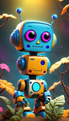 solo,looking at viewer,smile,standing,purple eyes,full body,flower,outdoors,pink eyes,blurry,no humans,leaf,plant,robot,mecha,science fiction,open hands,humanoid robot,non-humanoid robot,chibi,fewer digits