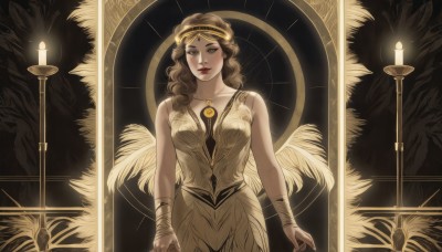 1girl,solo,long hair,breasts,looking at viewer,smile,brown hair,dress,bare shoulders,brown eyes,jewelry,medium breasts,closed mouth,standing,collarbone,cowboy shot,wings,sleeveless,necklace,white dress,lips,sleeveless dress,wavy hair,halo,bandages,feathered wings,angel wings,angel,candle,black hair,makeup,lipstick,circlet,red lips