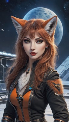 1girl,solo,long hair,breasts,looking at viewer,smile,bangs,brown hair,long sleeves,animal ears,cleavage,brown eyes,jewelry,medium breasts,jacket,yellow eyes,upper body,earrings,outdoors,open clothes,sky,belt,artist name,necklace,orange hair,lips,black jacket,fox ears,eyelashes,makeup,night,fox tail,moon,lipstick,fox girl,gem,star (sky),night sky,full moon,pendant,zipper,starry sky,nose,red lips,leather,orange shirt,leather jacket,orange eyes,animal ear fluff,realistic,space,planet