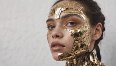 1girl,solo,long hair,looking at viewer,simple background,brown hair,brown eyes,braid,parted lips,teeth,grey background,black eyes,lips,headgear,portrait,freckles,science fiction,realistic,nose,black hair,white background,eyelashes,close-up,gold