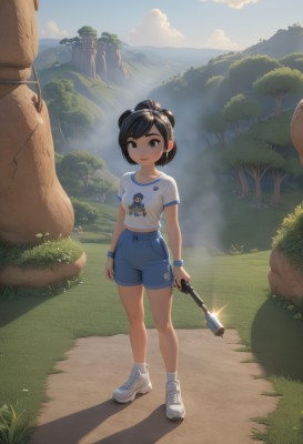 1girl,solo,breasts,looking at viewer,smile,short hair,bangs,shirt,black hair,holding,brown eyes,closed mouth,standing,collarbone,full body,white shirt,weapon,short sleeves,small breasts,outdoors,sky,shoes,shorts,day,socks,midriff,cloud,hair bun,holding weapon,black eyes,tree,blue sky,gun,short shorts,swept bangs,shadow,white footwear,grass,white socks,t-shirt,wristband,sneakers,child,holding gun,nature,forest,blue shorts,mountain,female child,midriff peek,print shirt,path,brown hair,lips,sunlight,scenery