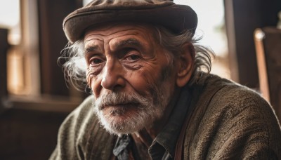 solo,looking at viewer,shirt,1boy,hat,closed mouth,upper body,white hair,grey hair,male focus,necktie,collared shirt,indoors,blurry,black eyes,depth of field,blurry background,facial hair,chair,portrait,beard,brown jacket,realistic,mustache,brown headwear,manly,old,old man,wrinkled skin,signature,scar,parody,black necktie