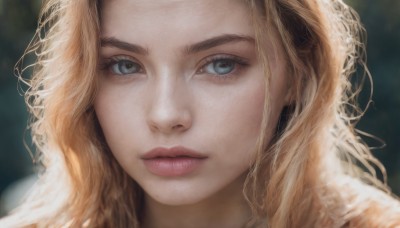 1girl,solo,long hair,looking at viewer,blue eyes,blonde hair,closed mouth,blurry,lips,grey eyes,eyelashes,depth of field,blurry background,wavy hair,expressionless,portrait,close-up,forehead,realistic,nose