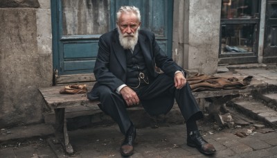 solo,looking at viewer,shirt,long sleeves,1boy,jewelry,sitting,closed mouth,jacket,full body,white shirt,white hair,male focus,outdoors,necktie,shoes,collared shirt,belt,pants,indoors,black footwear,vest,black jacket,facial hair,scar,brown footwear,black pants,formal,ring,suit,black necktie,beard,scar on face,watch,mature male,mustache,bench,manly,old,old man,black suit,photo background,cigar,weapon,gun,window,thick eyebrows,realistic,bullet hole