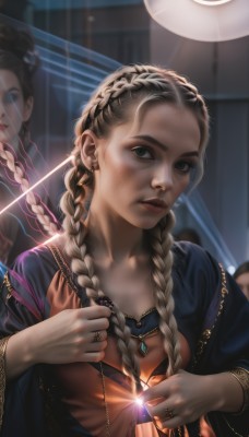 1girl,solo,long hair,breasts,looking at viewer,multiple girls,blonde hair,black hair,long sleeves,dress,2girls,jewelry,upper body,braid,earrings,parted lips,solo focus,indoors,necklace,blurry,black eyes,twin braids,bracelet,lips,grey eyes,eyelashes,makeup,depth of field,blurry background,ring,gem,hair over shoulder,freckles,reflection,mirror,glint,realistic,nose,red lips,multiple braids,artist name,piercing,sunlight,ear piercing,forehead,crown braid,gold